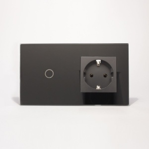 Беспроводной сенсорный выключатель комбинированный (nootouch) на 2 поста 1 зону с розеткой, чёрный